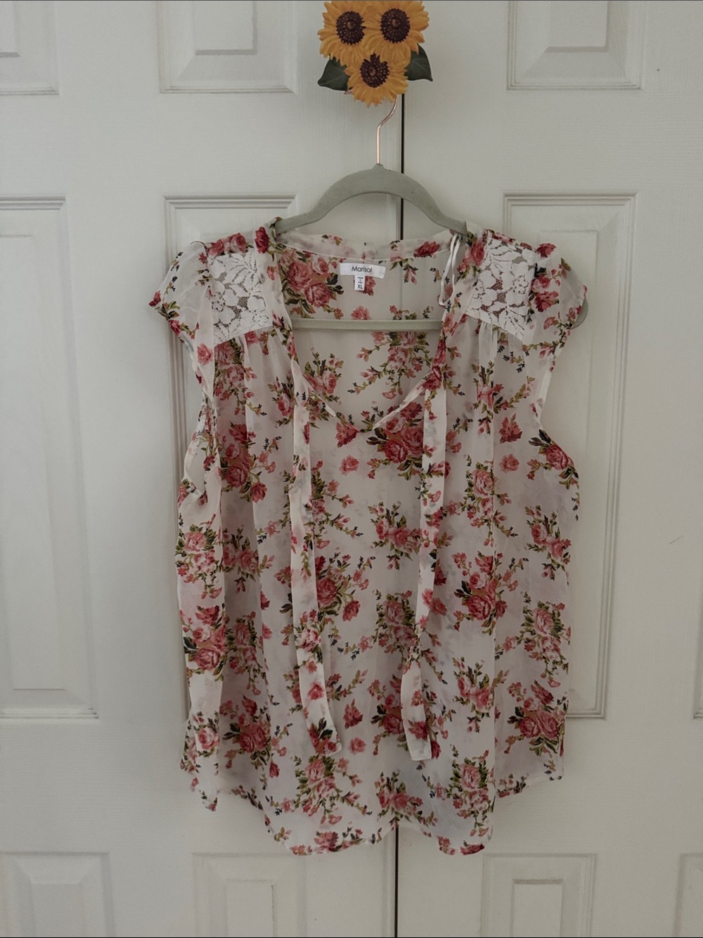 Sleeveless Tie-Neck Floral Blouse - Pink on Cream by Marisol
